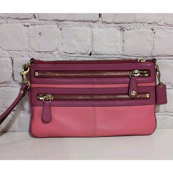 Coach Handbags - COACH Wristlet Pink Leather Multi Triple Zipper and Pockets Clutch Large Wallet
